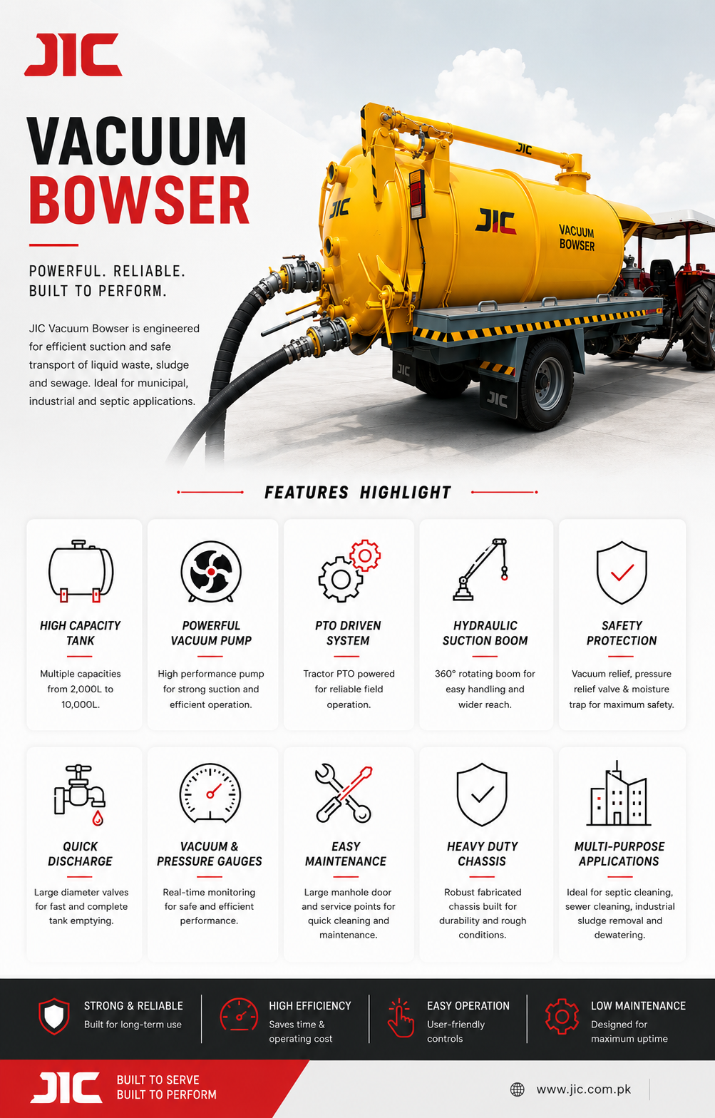JIC Vacuum Bowser tractor towed sewage suction tanker with high-capacity vacuum tank and hydraulic suction boom in Pakistan