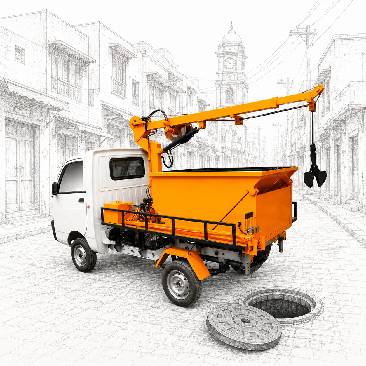 Desilting Machine For Sale In Pakistan | Sewer &Amp;Amp; Drain Cleaning Machine | Jic Jic Hydraulic Desilting Machine Cleaning An Open Sewer Manhole On A Pakistani Old-Town Street For Municipal Drain Maintenance.