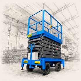Blue JIC hydraulic scissor lift for sale in Pakistan used for warehouse maintenance and construction work.